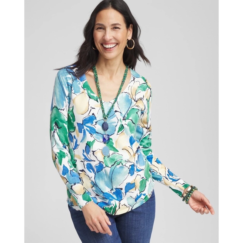 Chicos Ella Floral Print V-Neck Sweater Blue Green Yellow Size 0 Small